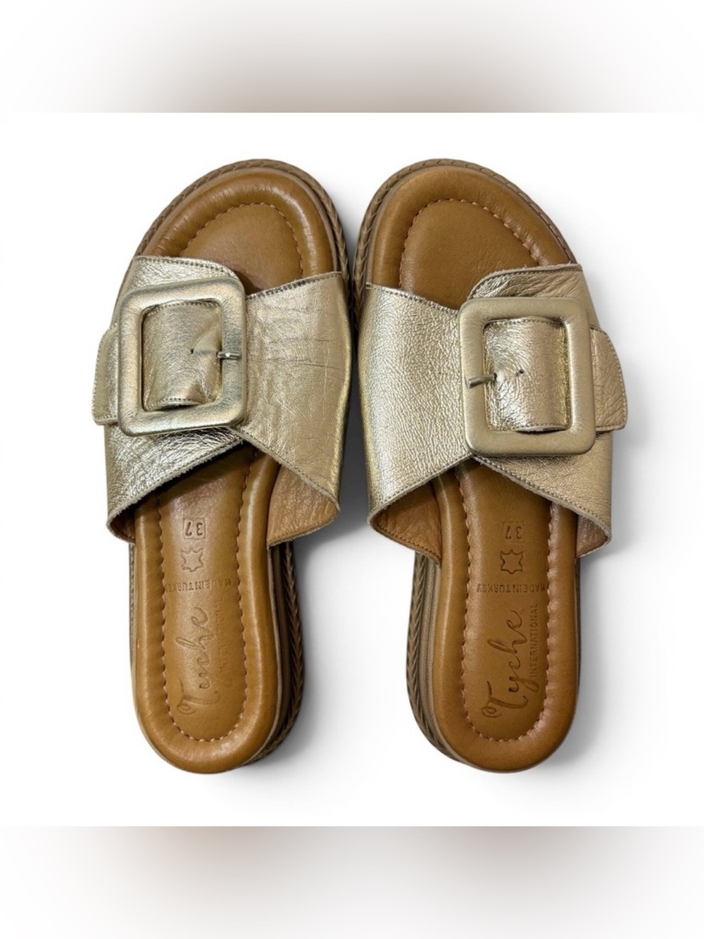 Tyche Monroe Metallic Gold Slide Sandals with Buckle- woman’s EU 37